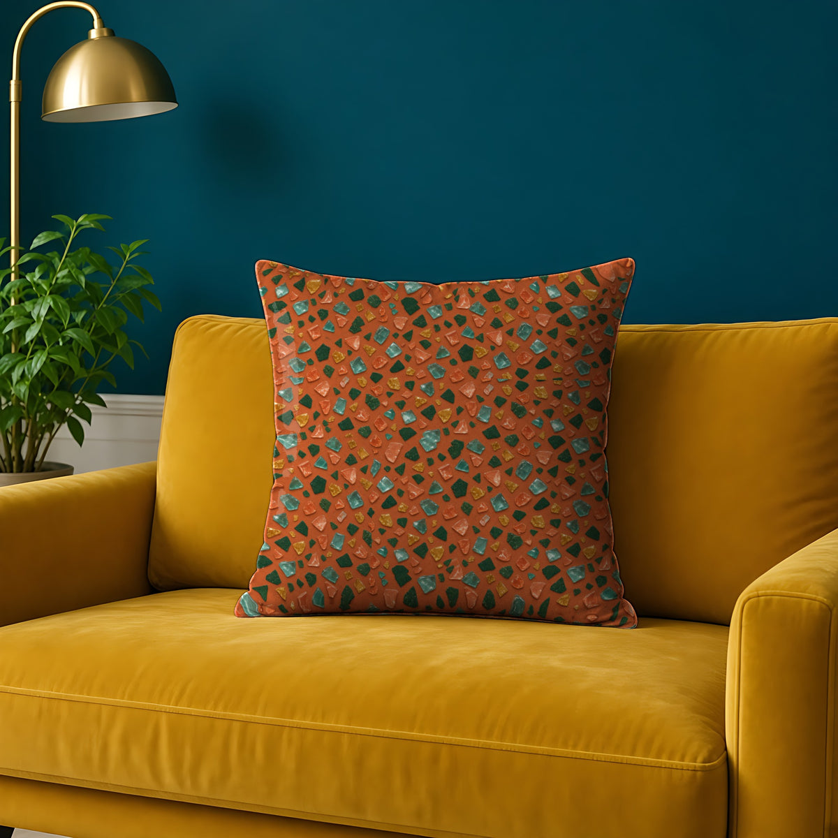 Glass Chip Sheen in Terracotta Pop palette on a cushion, example use of Terrazzo Pop Seamless Pattern Prompt Pack