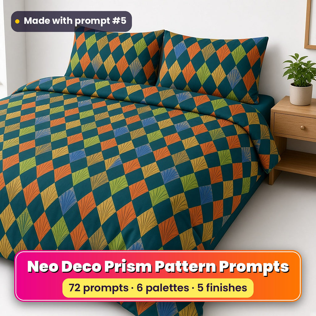 Neo Deco Prism Seamless Pattern Prompt Pack title image: a double bed in a duvet cover and pillowcases printed with fan-topped harlequin diamonds in orange, green, cobalt and gold on teal, made with prompt #5