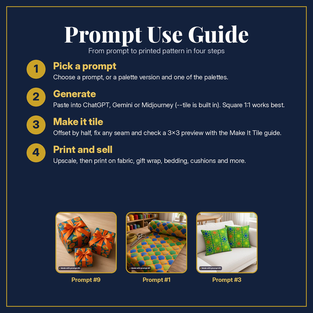 Prompt Use Guide in four steps: pick a prompt, generate, make it tile, print and sell, with example products made with prompt #9, prompt #1, prompt #3