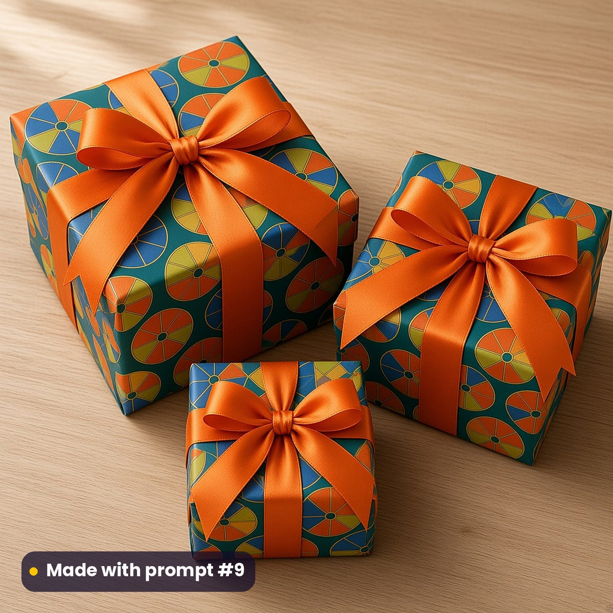 Three presents wrapped in deep teal paper printed with orange, lime, gold and cobalt parasol medallions, tied with orange bows, made with prompt #9