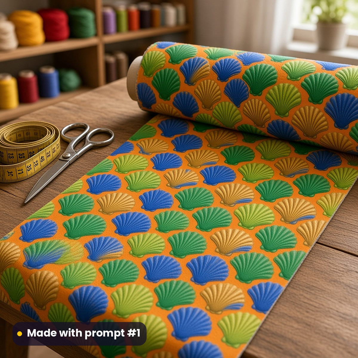 A roll of cotton fabric printed with cobalt, green and gold scalloped fan shells on persimmon, beside scissors and thread, made with prompt #1