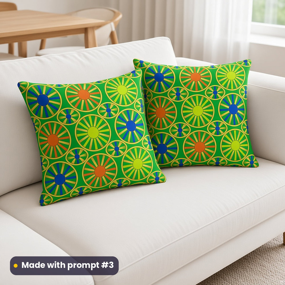 Two green cushions on a white sofa printed with staggered sunburst medallions in cobalt, orange and lime, made with prompt #3
