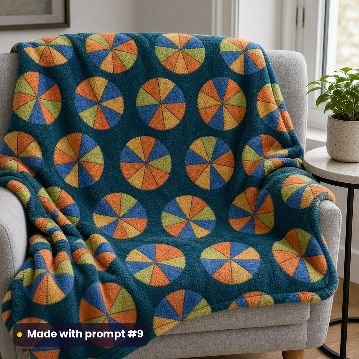 A fleece blanket over an armchair printed with orange, lime, gold and cobalt parasol medallions on deep teal, made with prompt #9