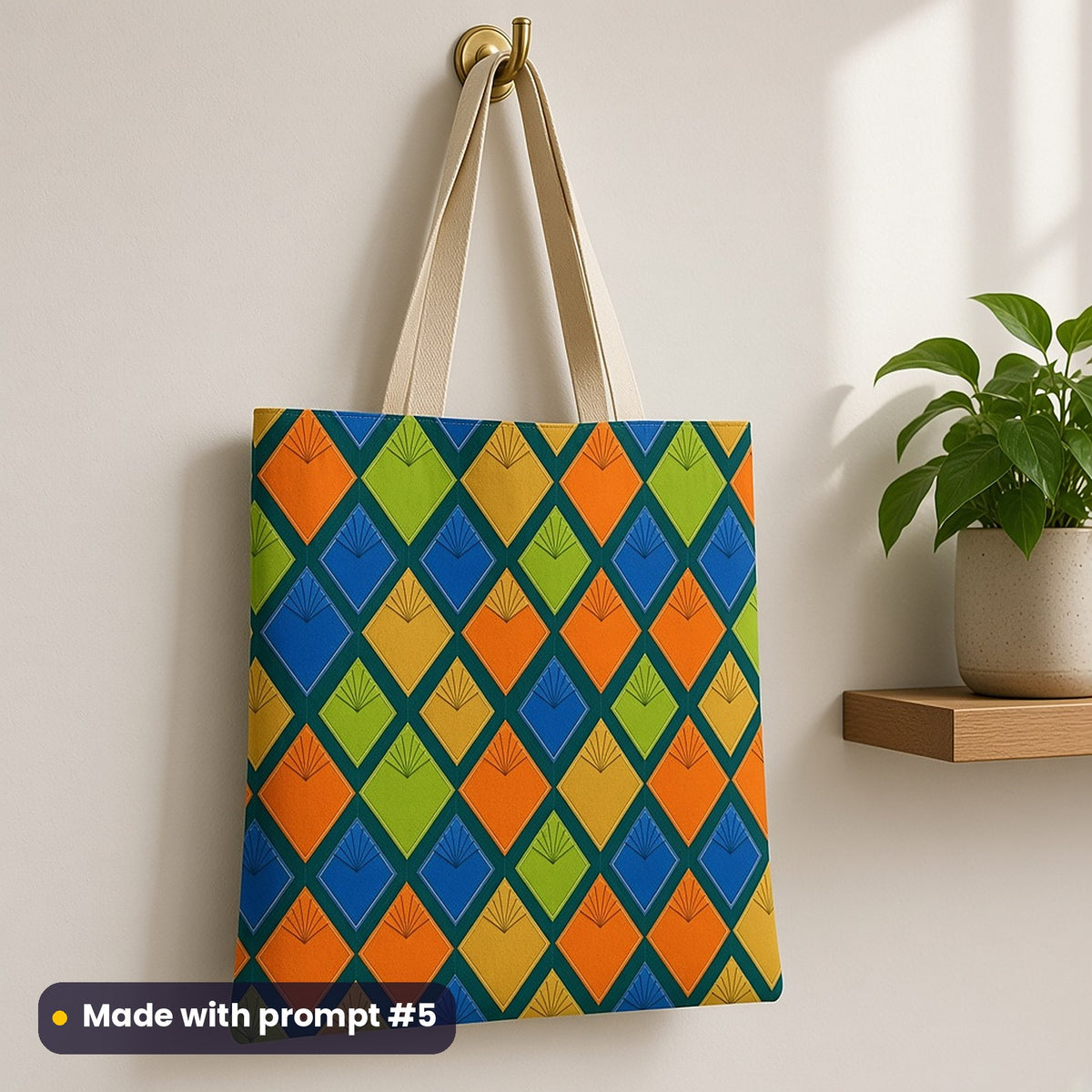 A tote bag on a brass hook printed with fan-topped harlequin diamonds in orange, green, cobalt and gold, made with prompt #5