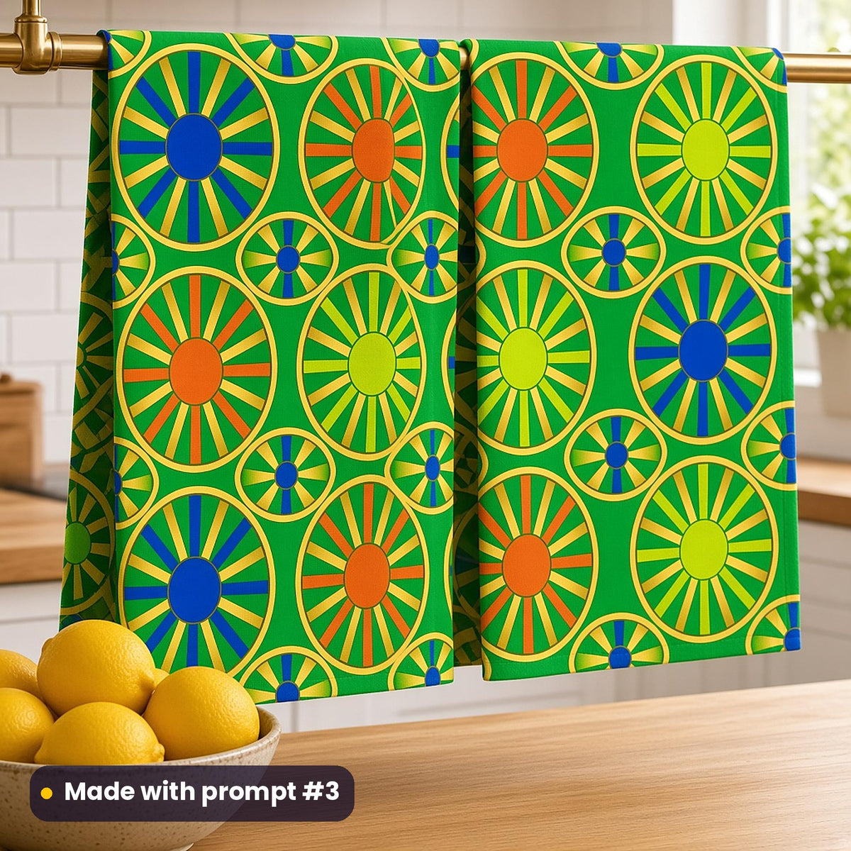 Tea towels printed with staggered sunburst medallions in cobalt, orange and lime on green, beside a bowl of lemons, made with prompt #3