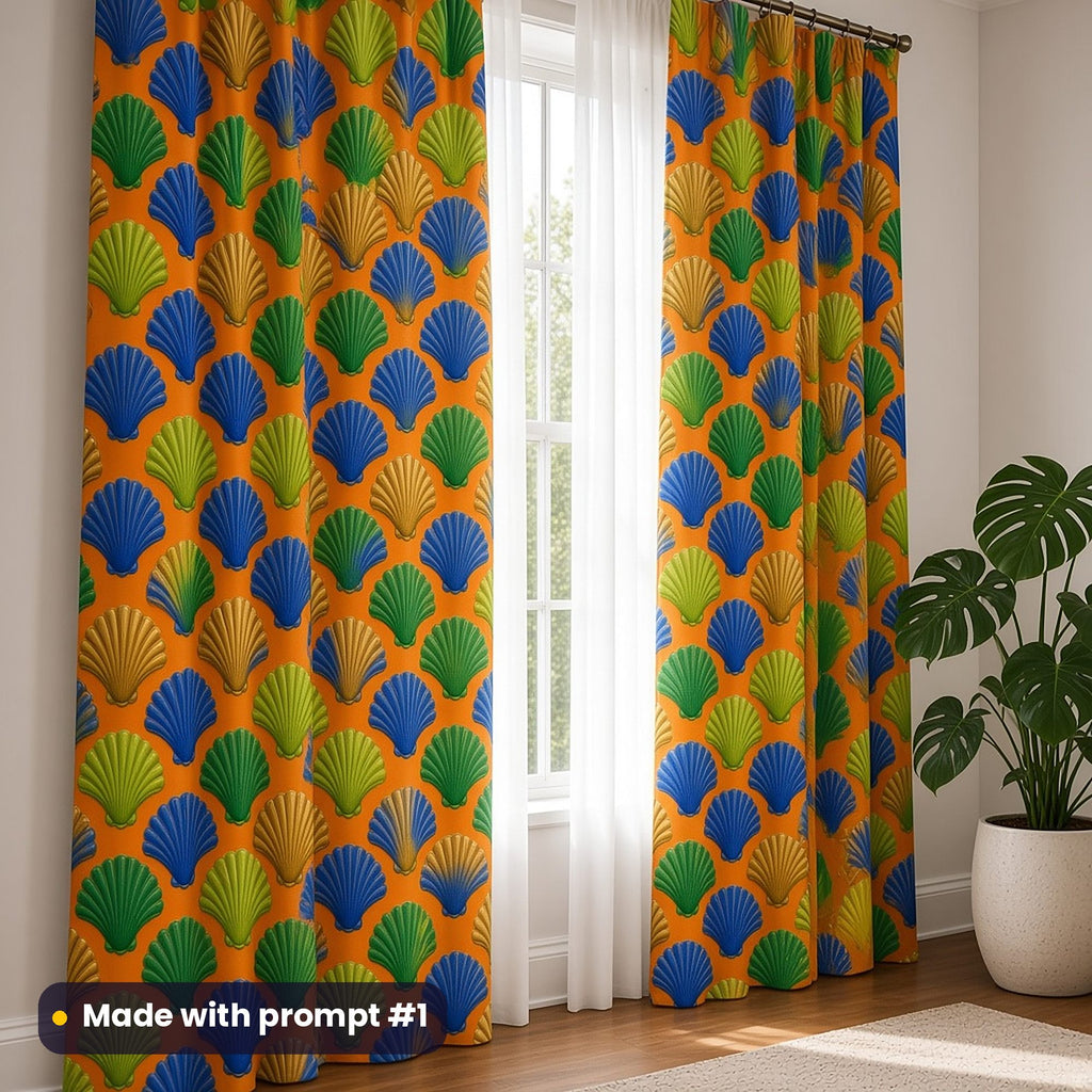 Full-length curtains printed with cobalt, green and gold scalloped fan shells on persimmon, beside a potted plant, made with prompt #1