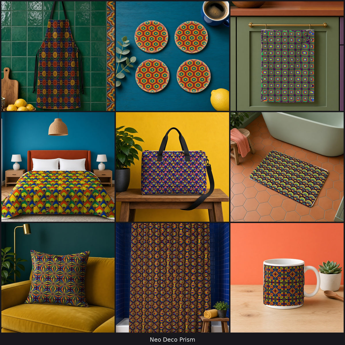 Variety collage of 9 patterns in different palettes on a apron, coaster, tea towel, comforter, tote bag, bath mat, cushion, shower curtain and mug, example use of Neo Deco Prism Seamless Pattern Prompt Pack