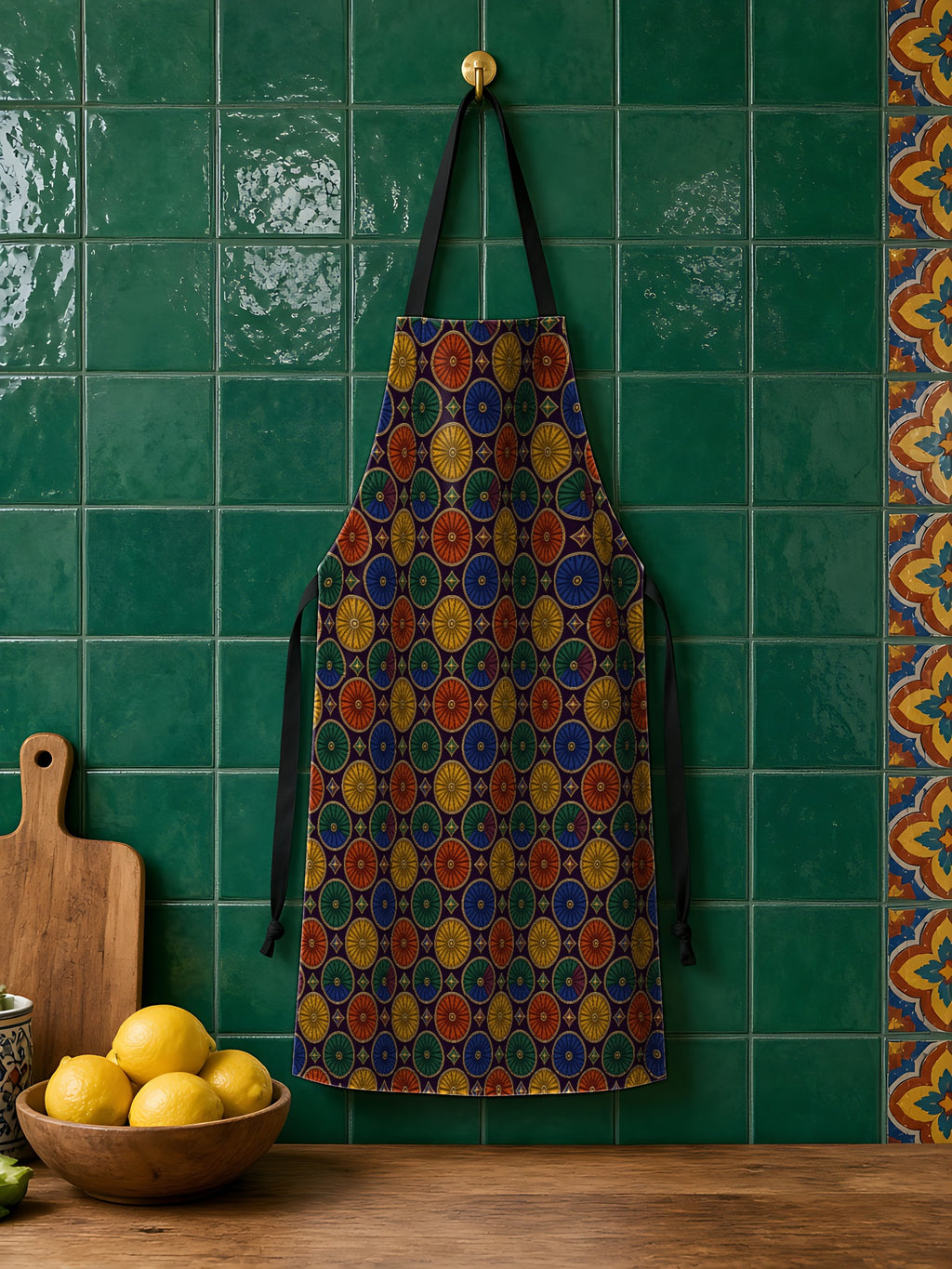 Enamel Parasol Medallions in Neo Deco Prism palette on an apron, example use of Neo Deco Prism Seamless Pattern Prompt Pack