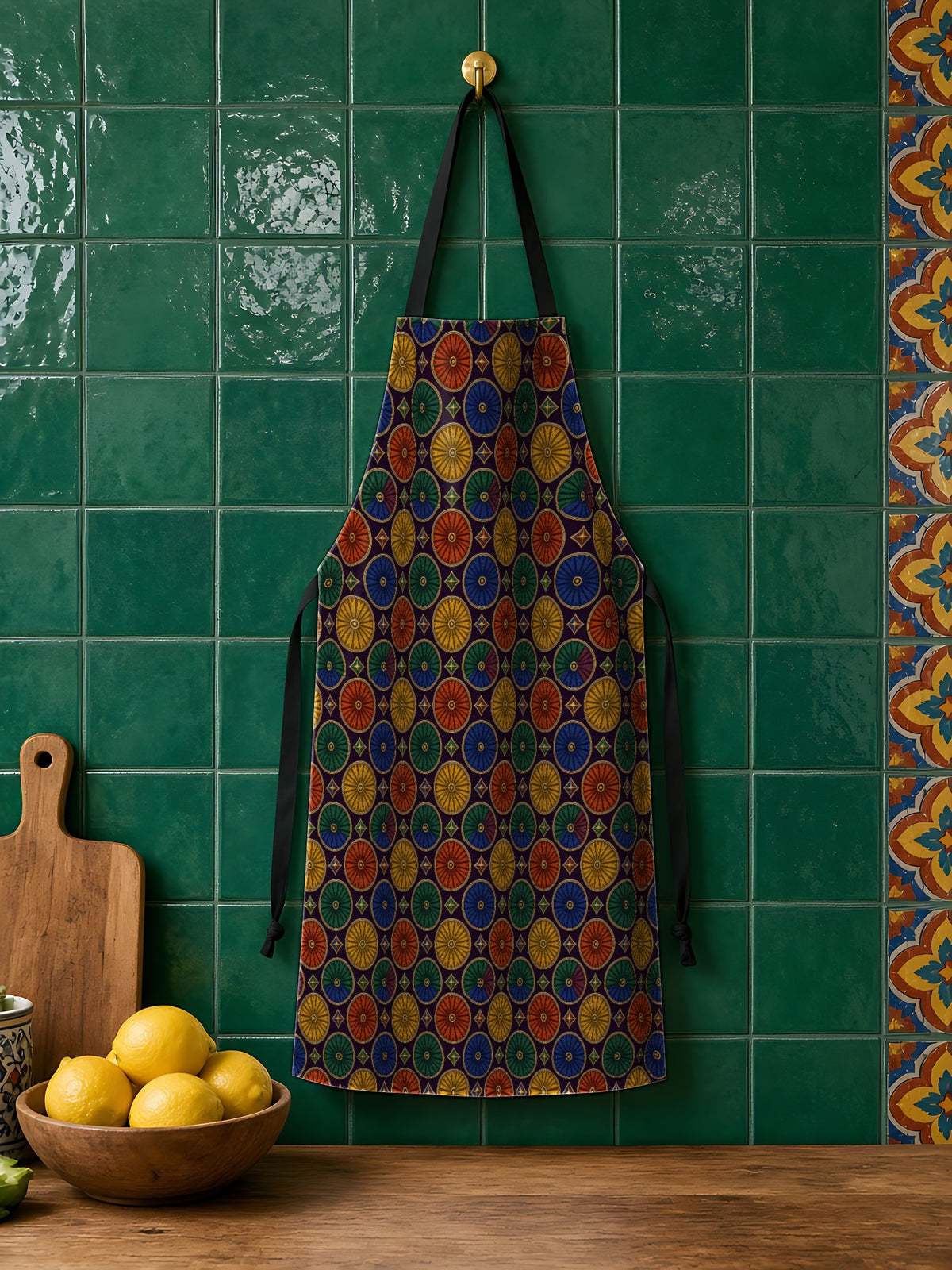 Enamel Parasol Medallions in Neo Deco Prism palette on an apron, example use of Neo Deco Prism Seamless Pattern Prompt Pack