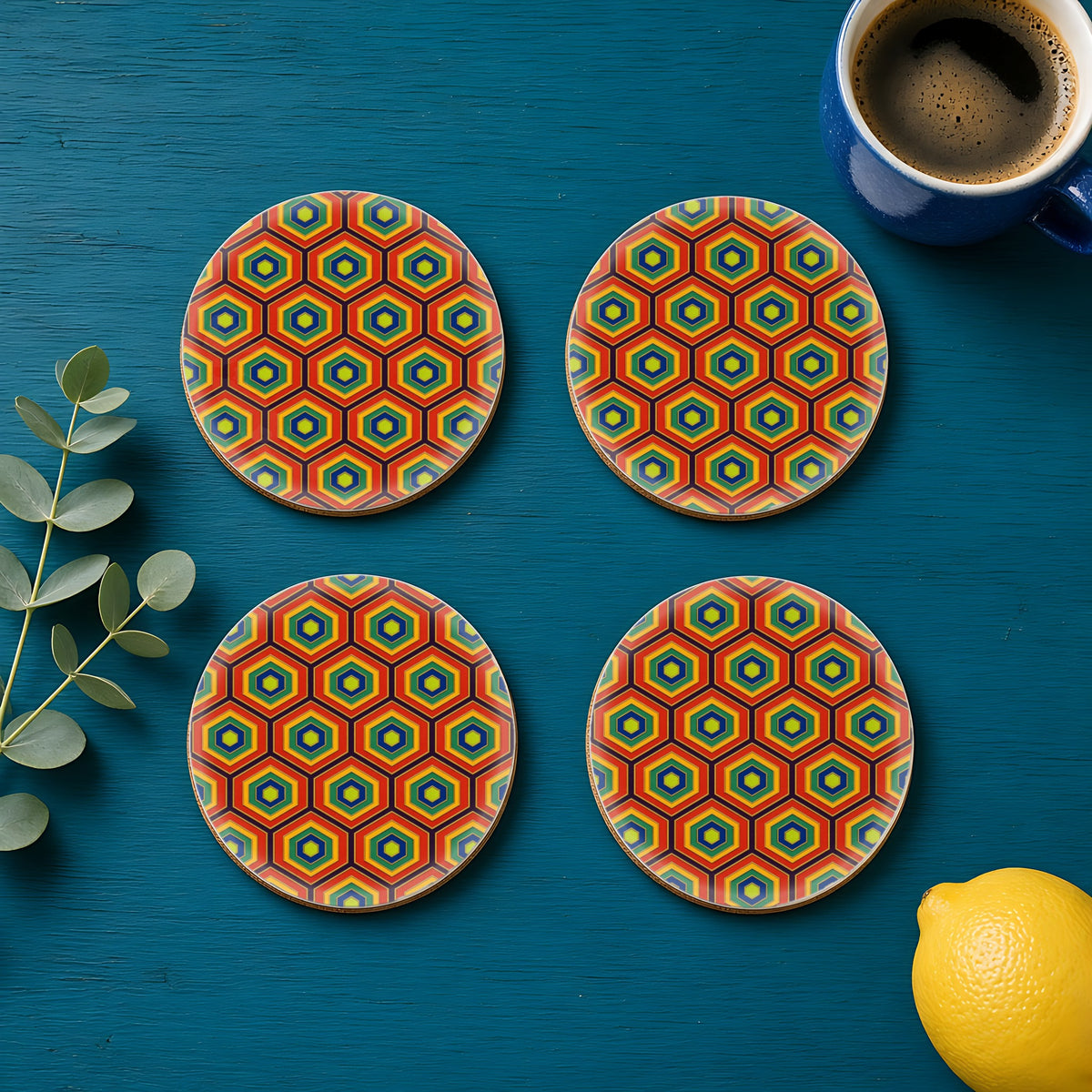 Hexagon Enamel Nest in Persimmon Deco palette on a coaster, example use of Neo Deco Prism Seamless Pattern Prompt Pack