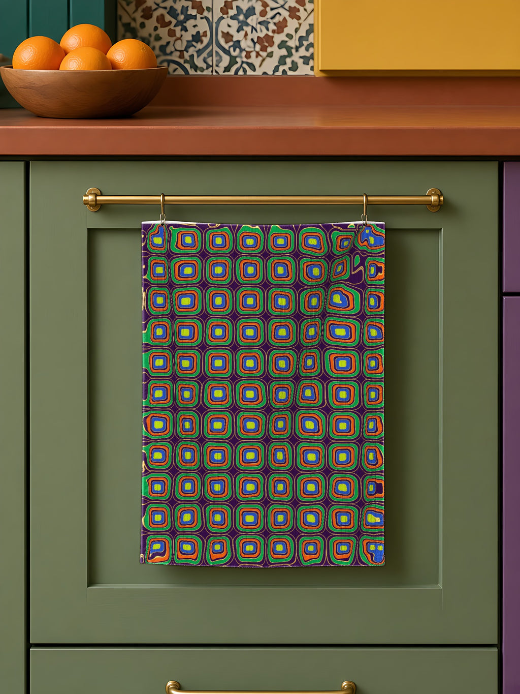 Op-Deco Nested Squares in Emerald Deco palette on a tea towel, example use of Neo Deco Prism Seamless Pattern Prompt Pack