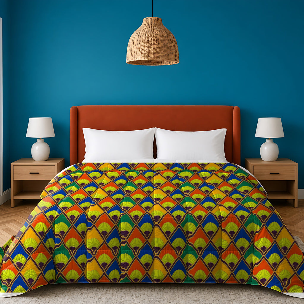 Fanfare Harlequin in Wasabi Deco palette on a comforter, example use of Neo Deco Prism Seamless Pattern Prompt Pack