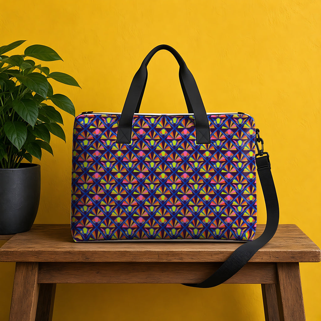 Gilded Lattice Sunburst in Cobalt Deco palette on a tote bag, example use of Neo Deco Prism Seamless Pattern Prompt Pack