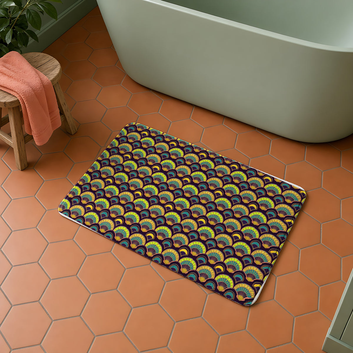 Deco Fan Scales in Teal & Coral Deco palette on a bath mat, example use of Neo Deco Prism Seamless Pattern Prompt Pack