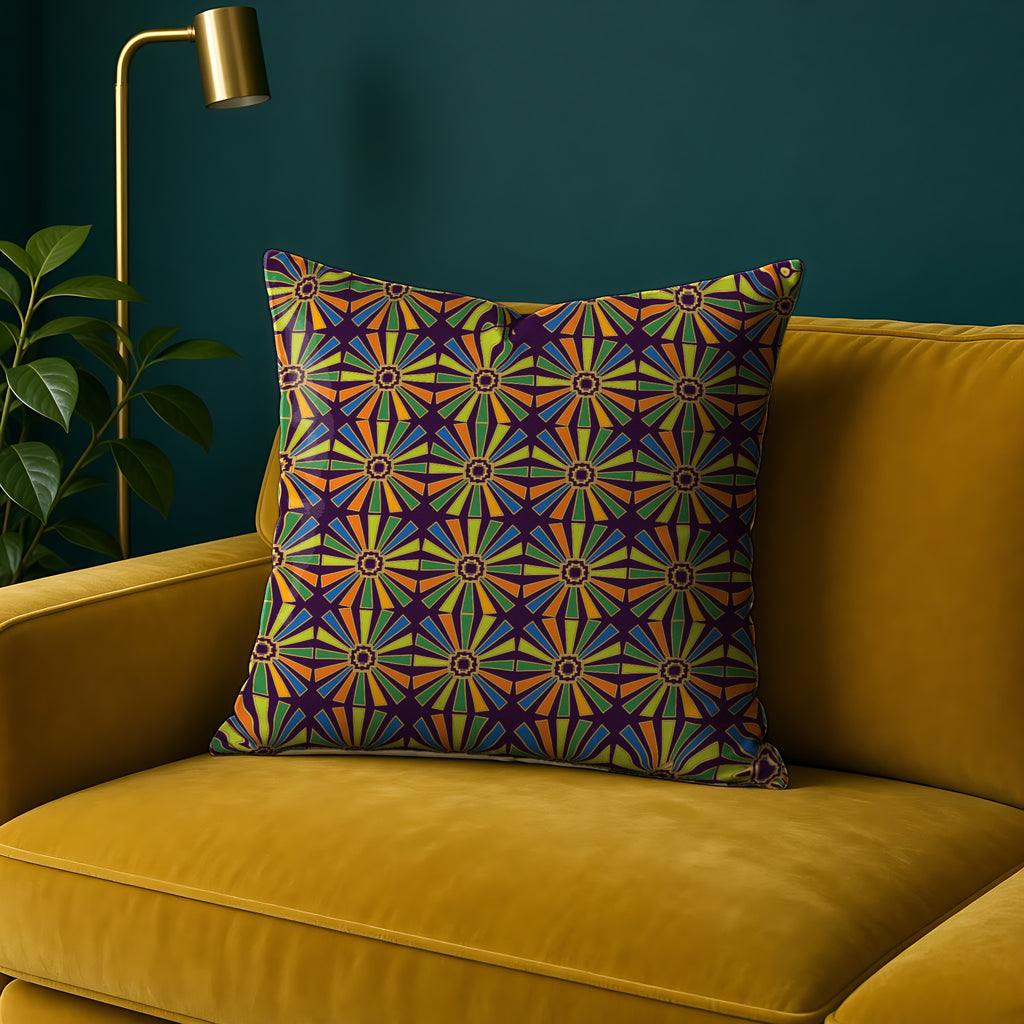 Sunray Medallion Grid in Neo Deco Prism palette on a cushion, example use of Neo Deco Prism Seamless Pattern Prompt Pack