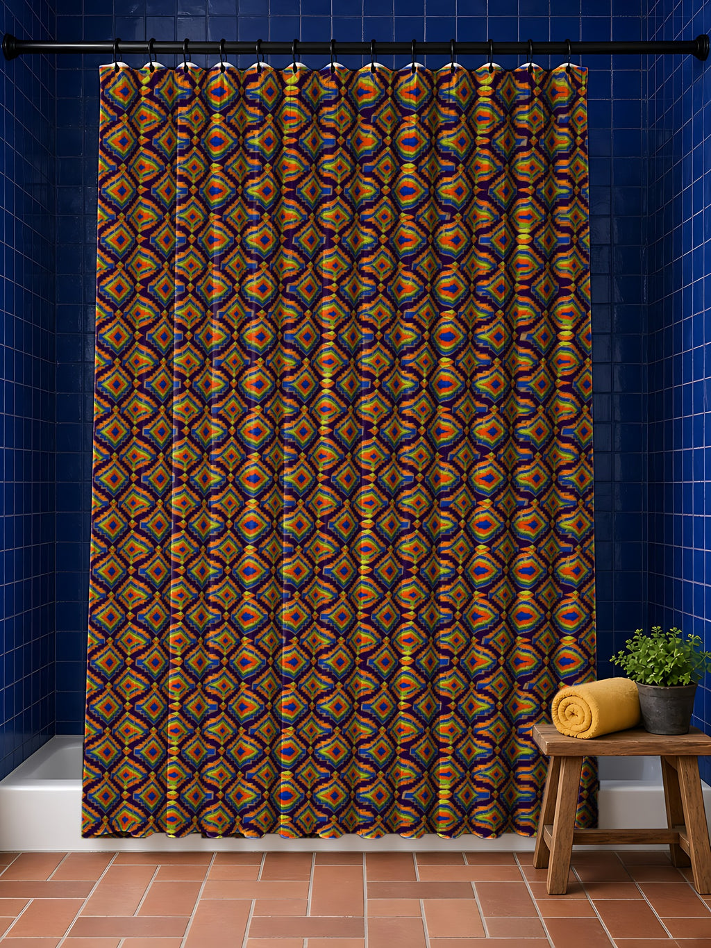 Stepped Diamond Ikat in Neo Deco Prism palette on a shower curtain, example use of Neo Deco Prism Seamless Pattern Prompt Pack
