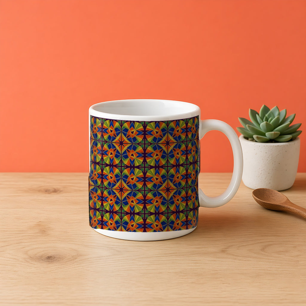 Kaleido Fan Quatrefoil in Persimmon Deco palette on a mug, example use of Neo Deco Prism Seamless Pattern Prompt Pack
