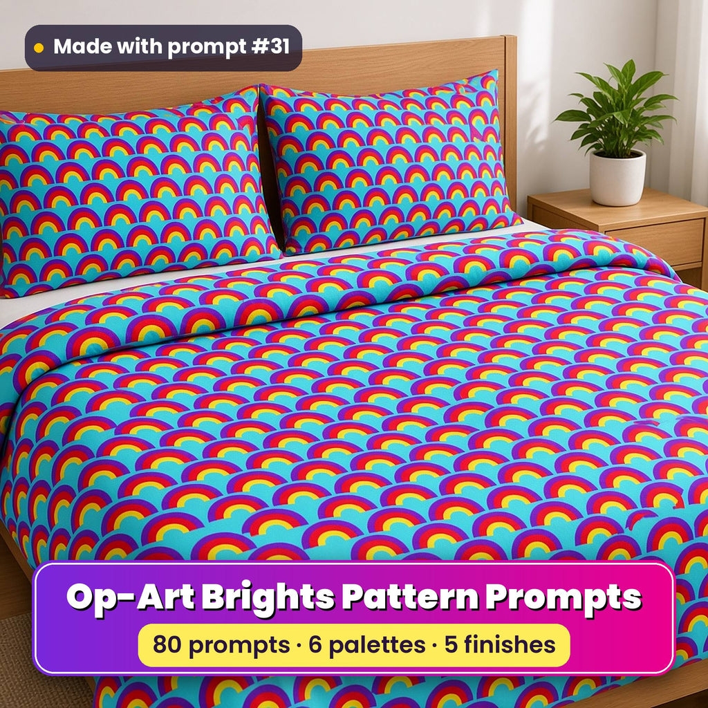 Op-Art Brights Seamless Pattern Prompt Pack title image: a double bed in a duvet cover and pillowcases printed with rows of purple, red and yellow scallop arches on bright aqua, made with prompt #31