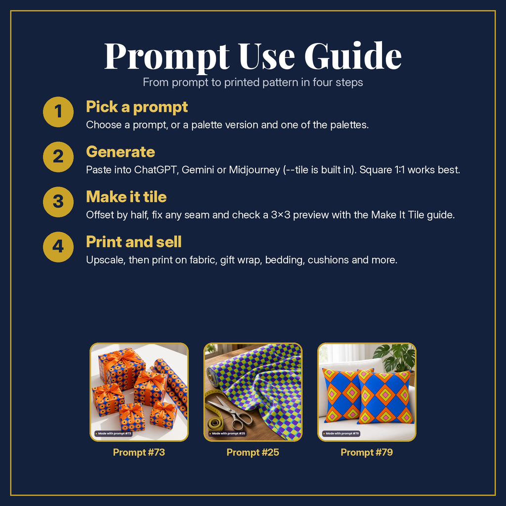 Prompt Use Guide in four steps: pick a prompt, generate, make it tile, print and sell, with example products made with prompt #73, prompt #25, prompt #79