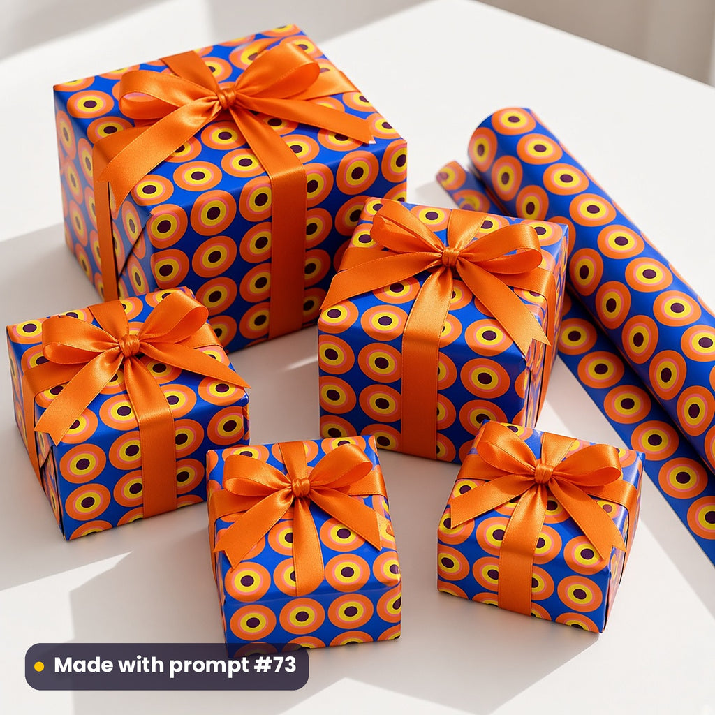 Presents wrapped in cobalt paper printed with orange, pink and yellow target dots, tied with orange satin bows, made with prompt #73