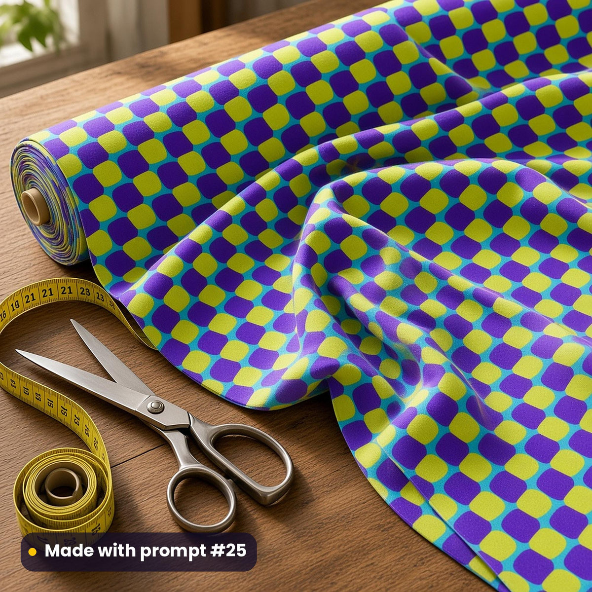 A bolt of cotton fabric printed with a violet and lime bulging checker on aqua, beside scissors and a tape measure, made with prompt #25