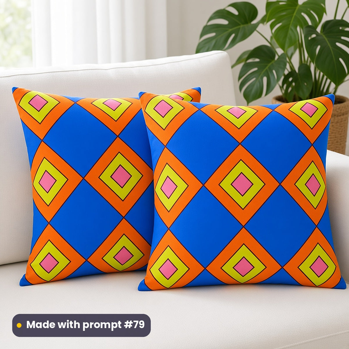 Two cushions on a white sofa printed with cobalt, orange, lime and pink nested diamond checks, made with prompt #79