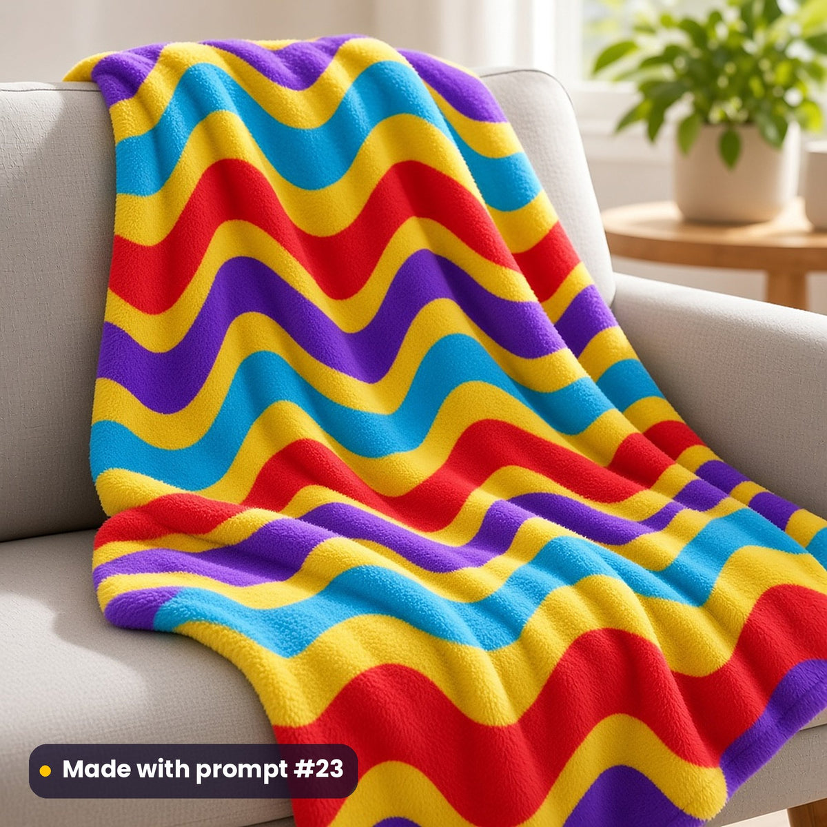 A fleece blanket over a grey armchair printed with wide purple, yellow, sky blue and red waves, made with prompt #23