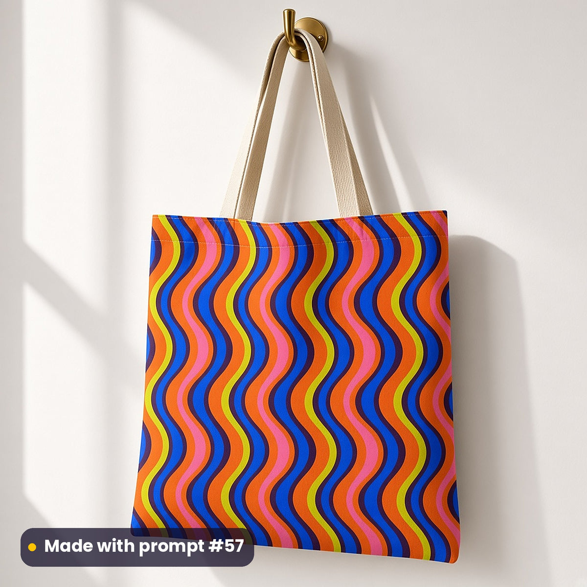 A tote bag on a brass hook printed with wavy cobalt, orange, lime and pink circus stripes, made with prompt #57