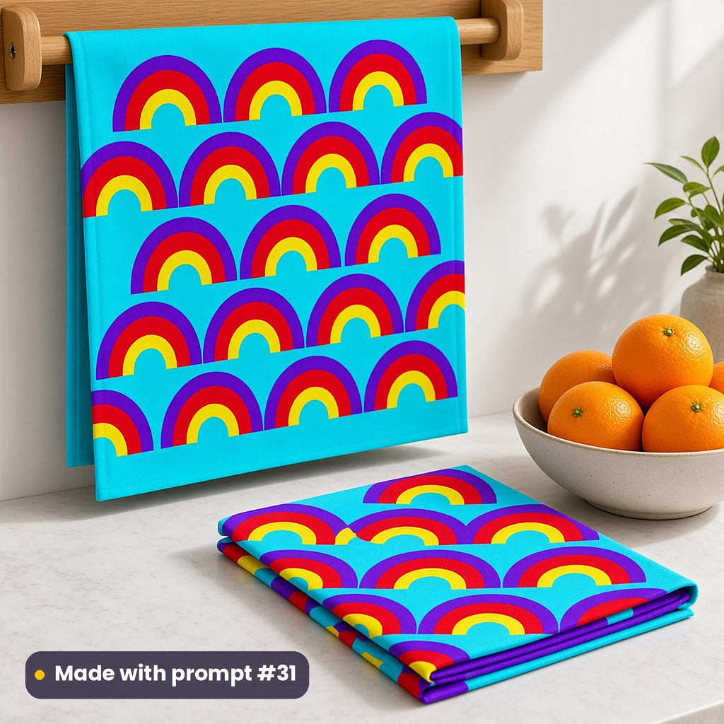 Tea towels printed with rows of violet, red and yellow scallop arches on bright cyan, beside a bowl of oranges