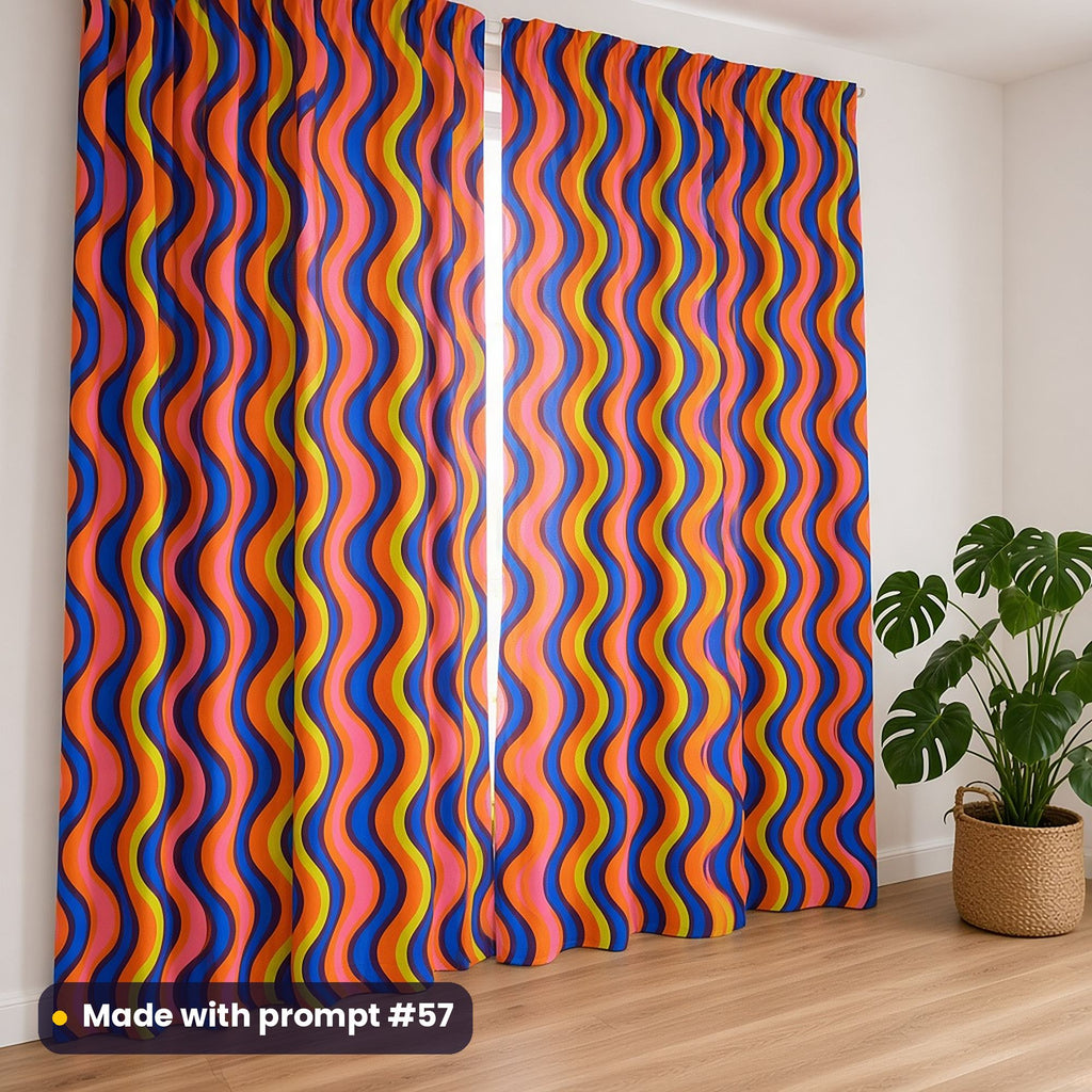 Full-length curtains printed with wavy cobalt, orange, lime and pink circus stripes, beside a potted plant, made with prompt #57