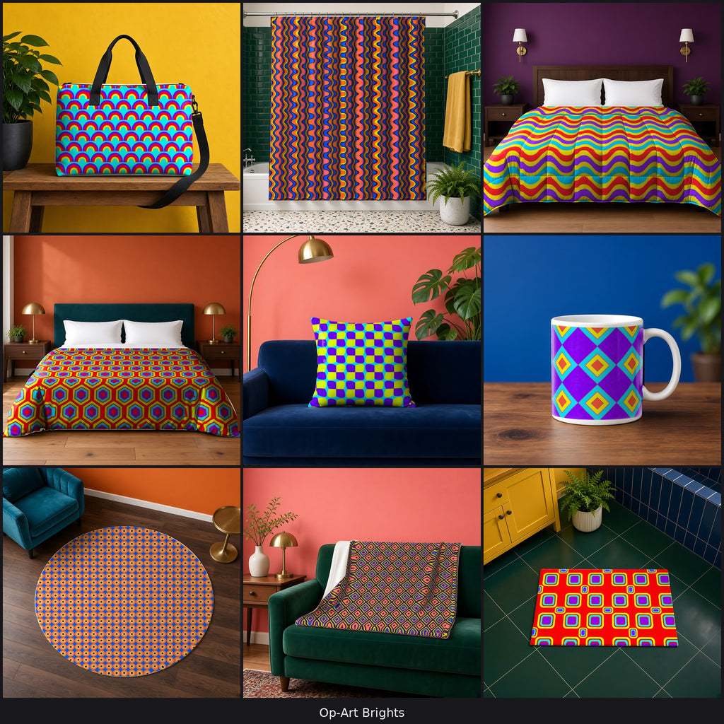 Variety collage of 9 patterns in different palettes on a tote bag, shower curtain, comforter, duvet cover, cushion, mug, rug, blanket and bath mat, example use of Op-Art Brights Seamless Pattern Prompt Pack