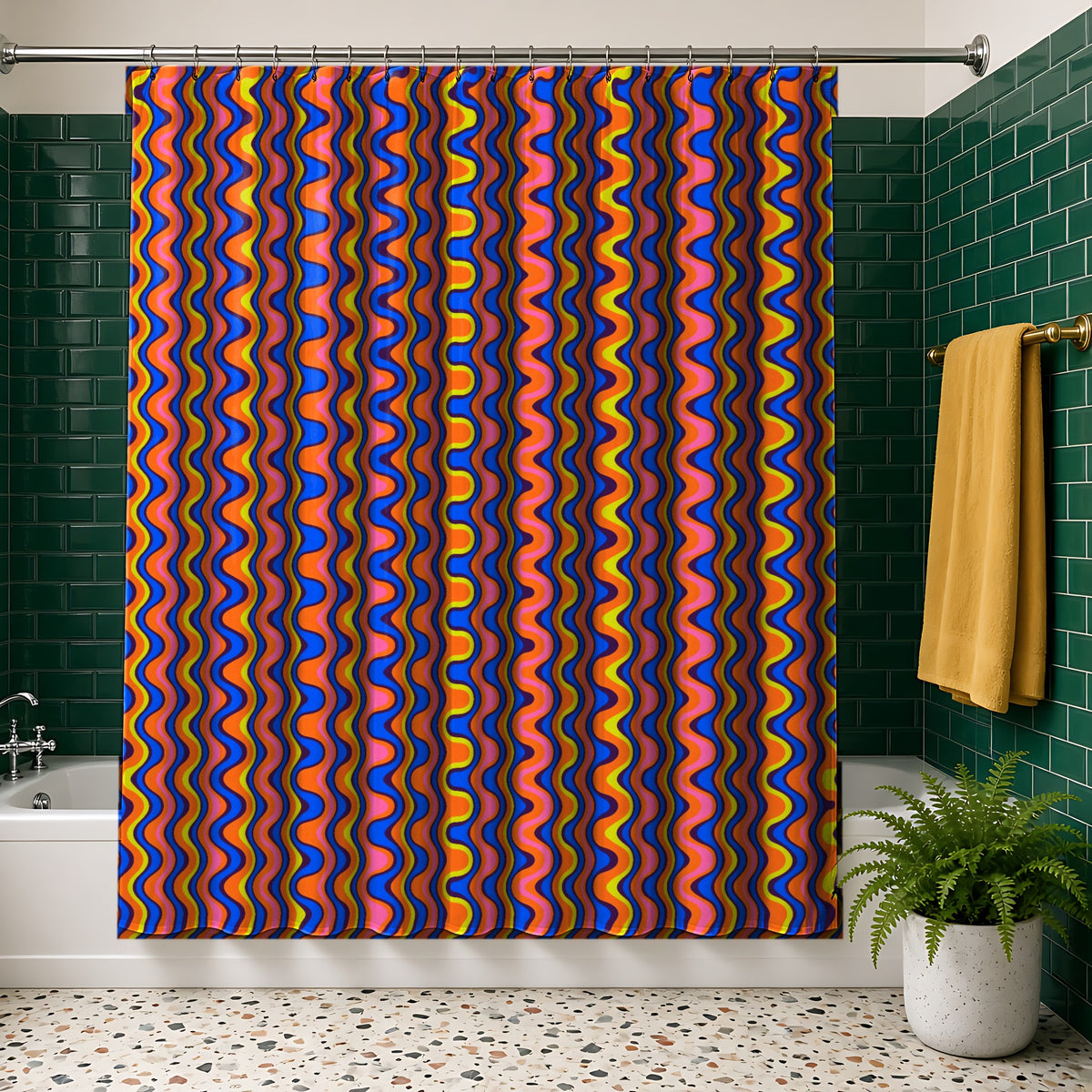Warped Circus Stripes in FunHaus palette on a shower curtain, example use of Op-Art Brights Seamless Pattern Prompt Pack