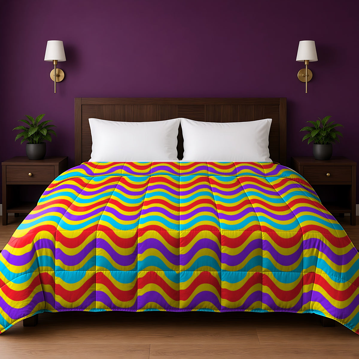 Wide Wave Interference in Lemon Laser palette on a comforter, example use of Op-Art Brights Seamless Pattern Prompt Pack