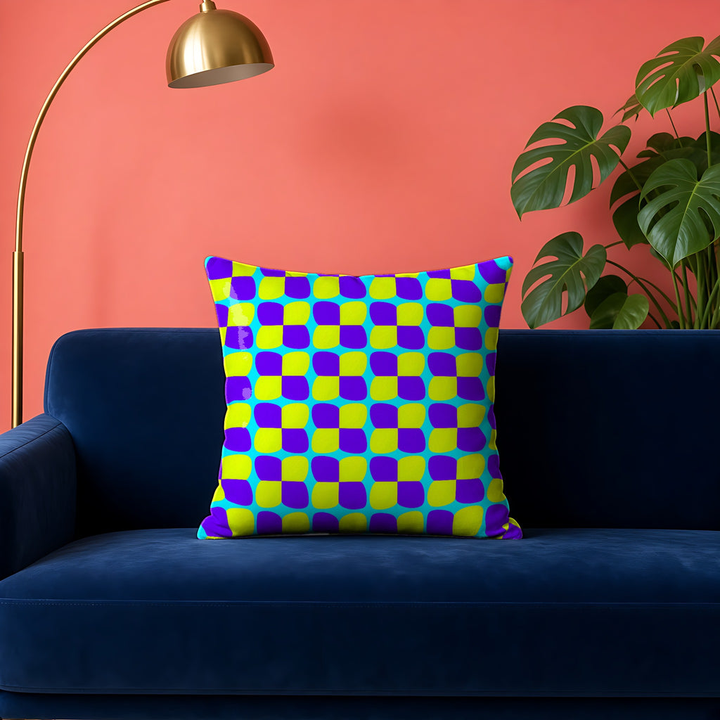 Bold Bulge Checker in Lime Funhouse palette on a cushion, example use of Op-Art Brights Seamless Pattern Prompt Pack