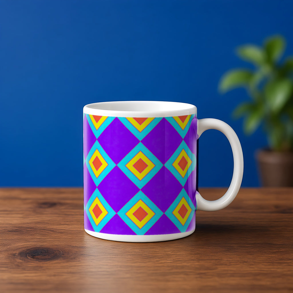 Pop Diamond Checks in Violet Voltage palette on a mug, example use of Op-Art Brights Seamless Pattern Prompt Pack