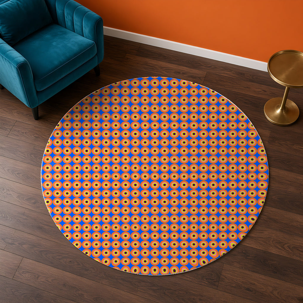 Pop Target Dots in its original colours on a rug, example use of Op-Art Brights Seamless Pattern Prompt Pack