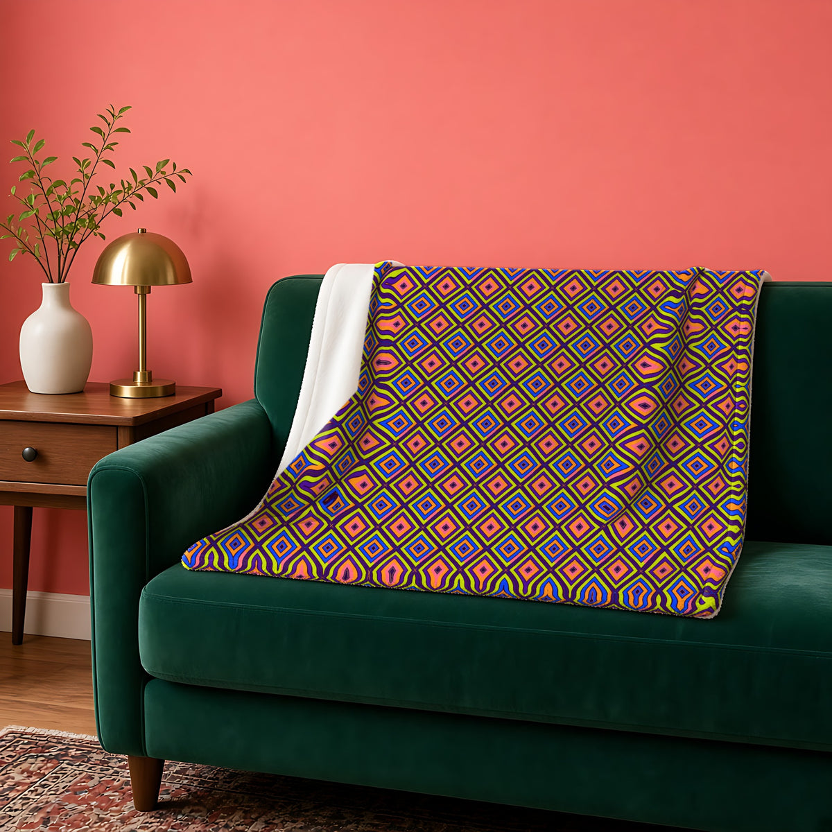 Diamond Ripples in its original colours on a blanket, example use of Op-Art Brights Seamless Pattern Prompt Pack