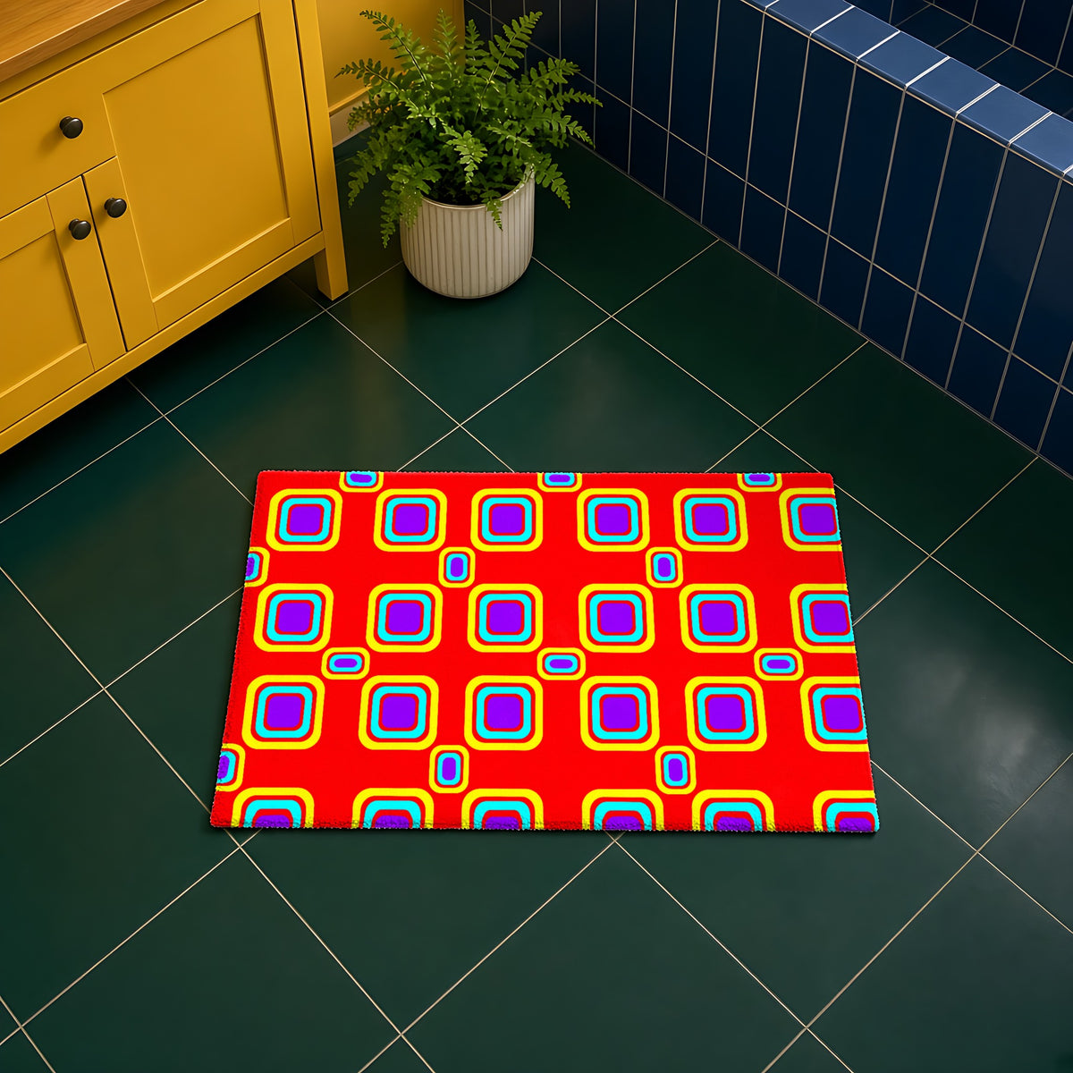 Big Ripple Squares in Chromatic Ripple palette on a bath mat, example use of Op-Art Brights Seamless Pattern Prompt Pack