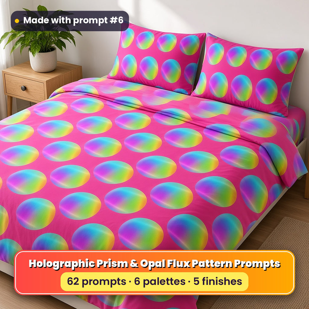 Holographic Prism & Opal Flux Seamless Pattern Prompt Pack title image: a double bed in a hot pink duvet cover and pillowcases printed with rows of rainbow holographic circles, made with prompt #6