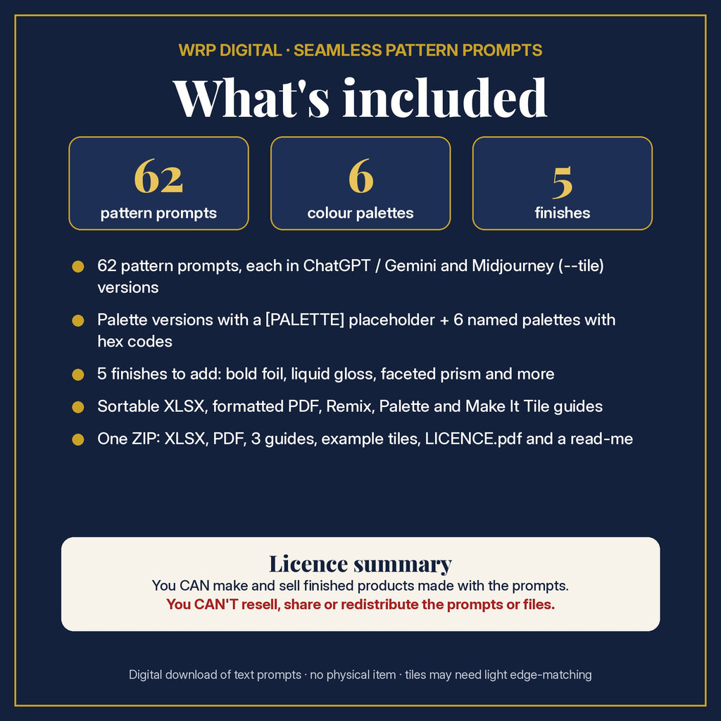 What's included: 62 seamless pattern prompts in ChatGPT / Gemini and Midjourney versions, 6 palettes, 5 finishes, XLSX and PDF, Remix, Palette and Make It Tile guides, ZIP and licence