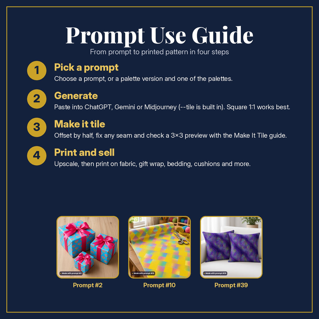 Prompt Use Guide in four steps: pick a prompt, generate, make it tile, print and sell, with example products made with prompt #2, prompt #10, prompt #39