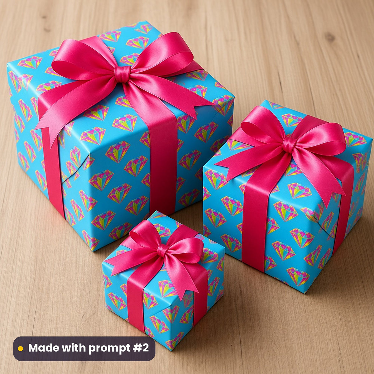 Three presents wrapped in cyan paper printed with iridescent pink, yellow and violet diamond quartets, tied with pink bows, made with prompt #2