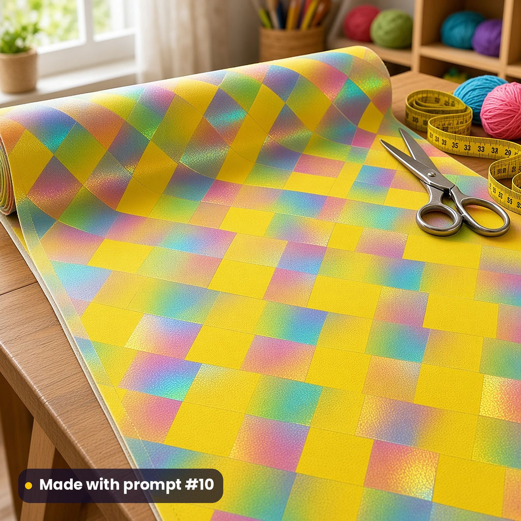 A length of cotton fabric printed with a lemon and rainbow holographic rhombus weave, beside scissors and yarn, made with prompt #10