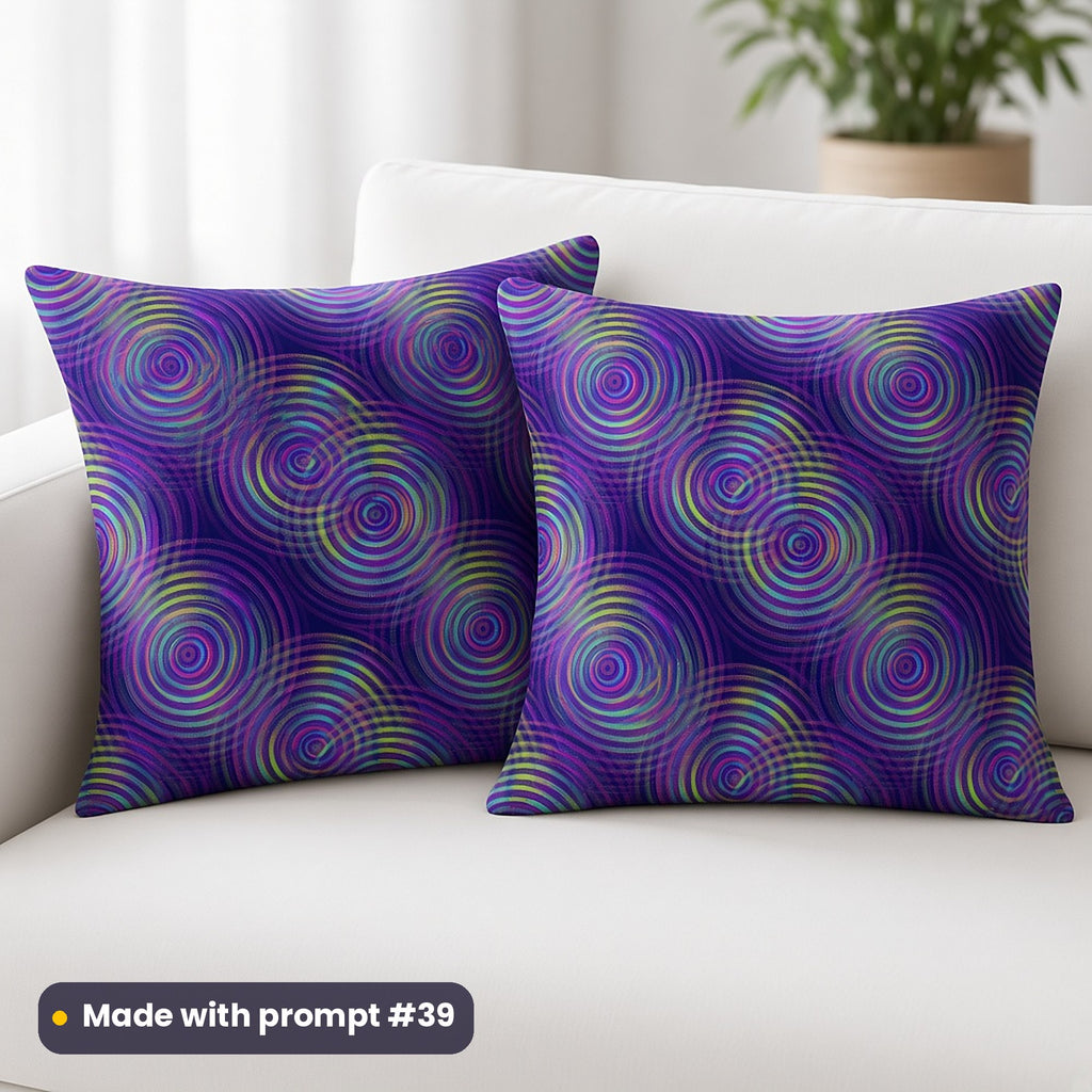 Two cushions on a white sofa printed with iridescent rippling rings on ultraviolet purple, made with prompt #39