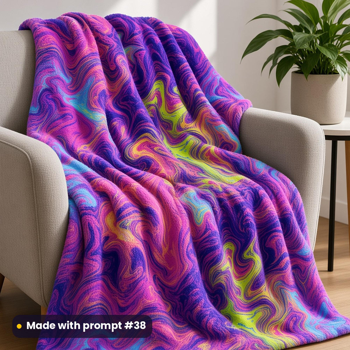A fleece blanket over an armchair printed with a swirling neon acrylic pour in violet, pink, lime and aqua, made with prompt #38