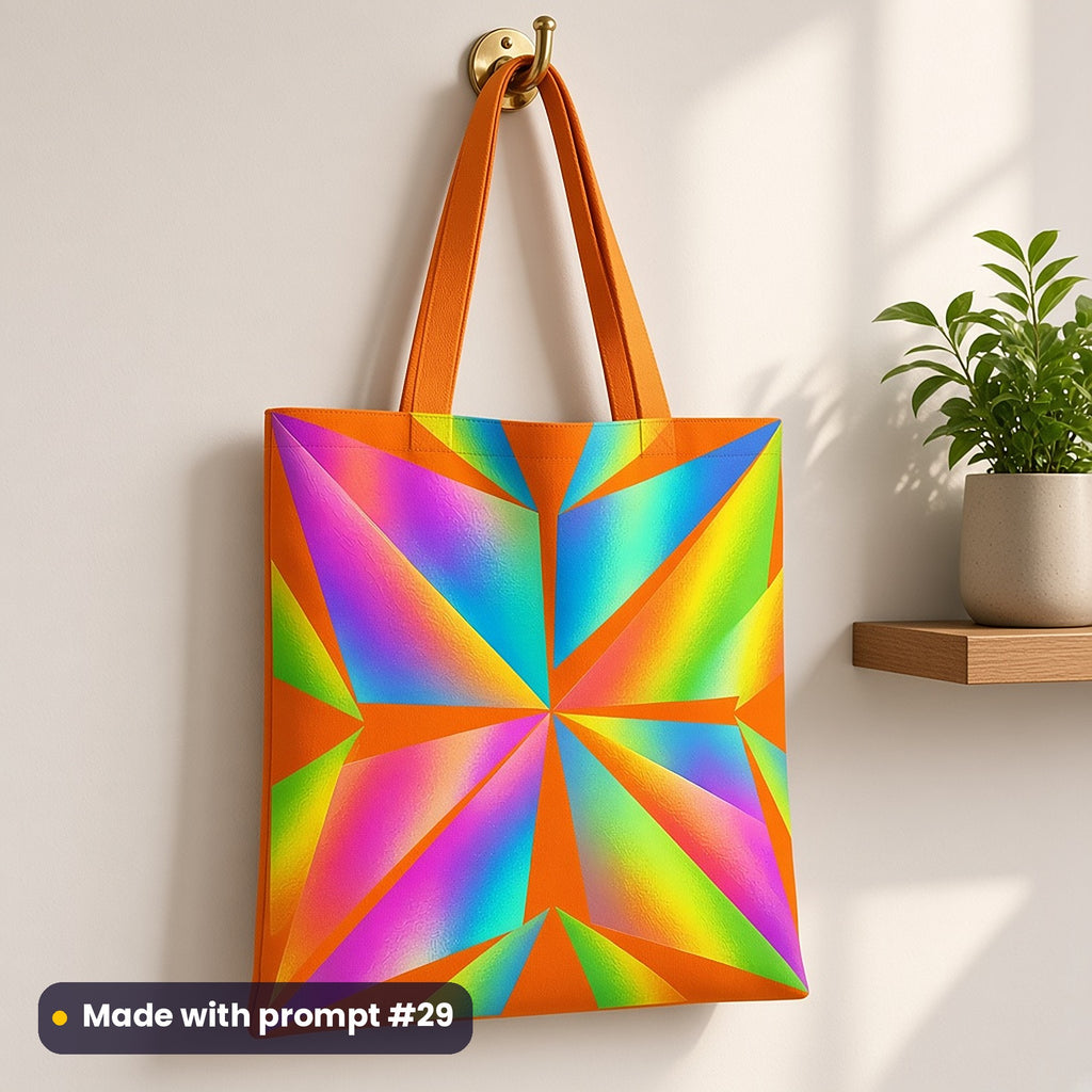 A tote bag on a brass hook printed with rainbow holographic sunray blocks on tangerine, made with prompt #29