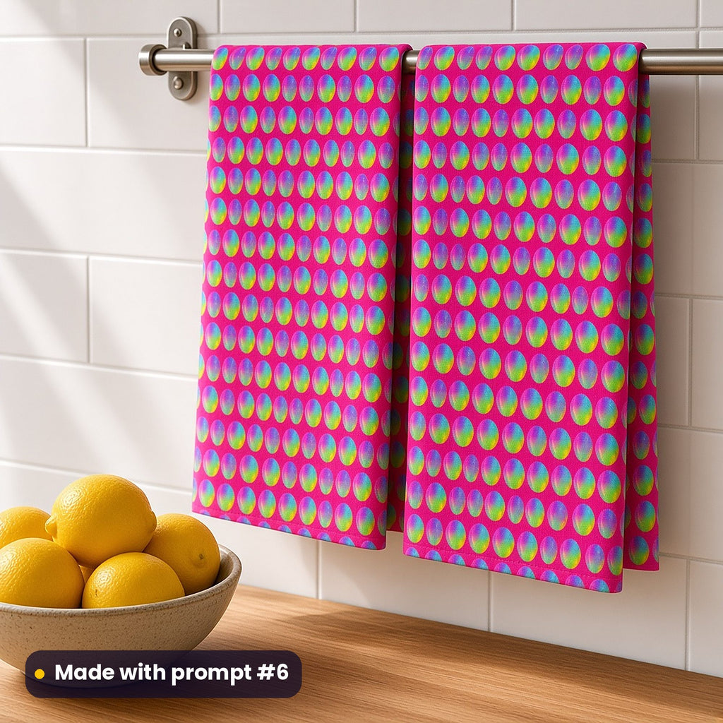 Tea towels printed with rows of rainbow holographic circles on hot pink, beside a bowl of lemons, made with prompt #6