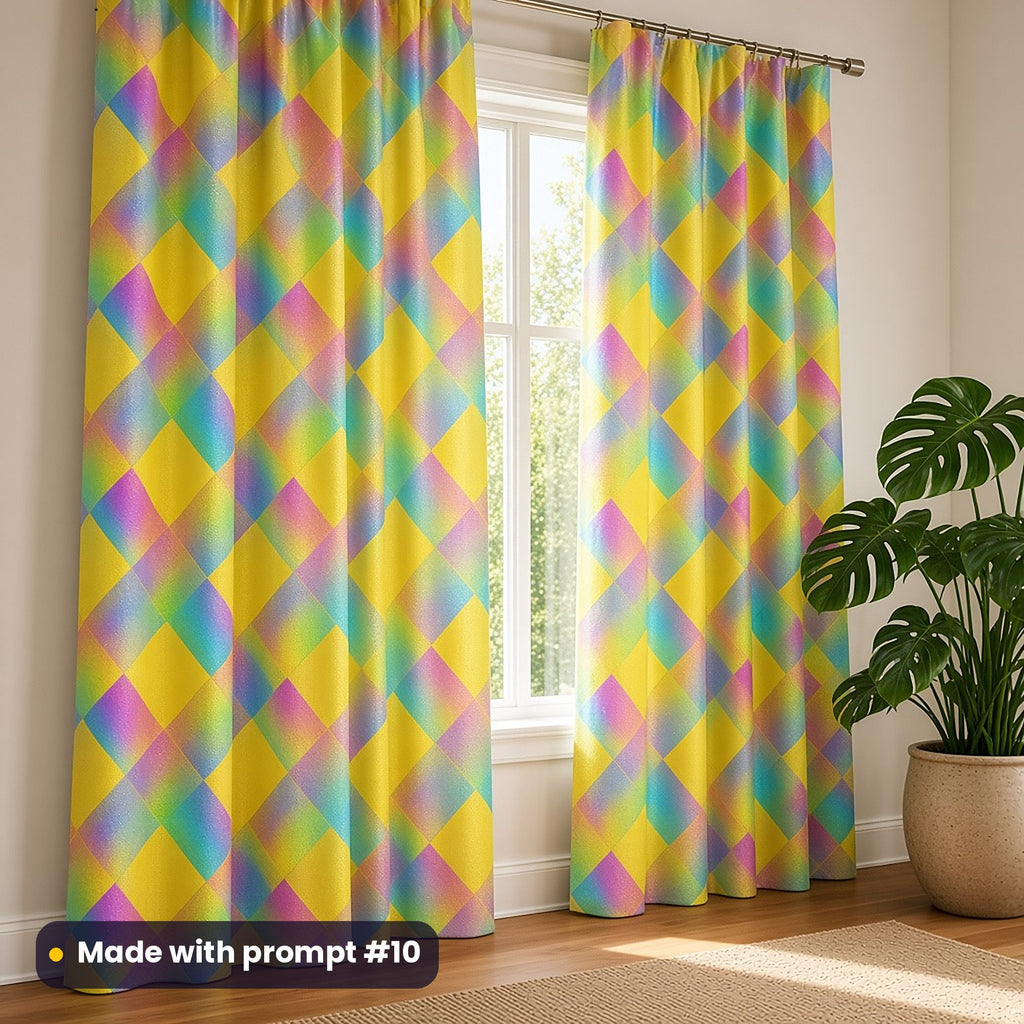Full-length curtains printed with a lemon and rainbow holographic rhombus weave, beside a potted plant, made with prompt #10
