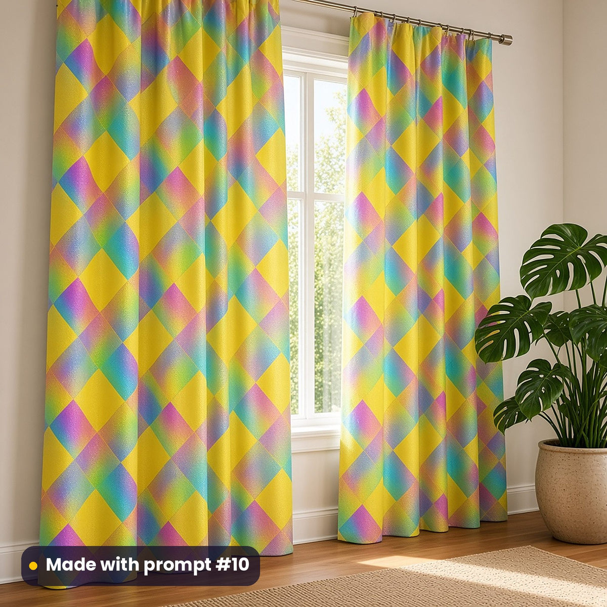 Full-length curtains printed with a lemon and rainbow holographic rhombus weave, beside a potted plant, made with prompt #10