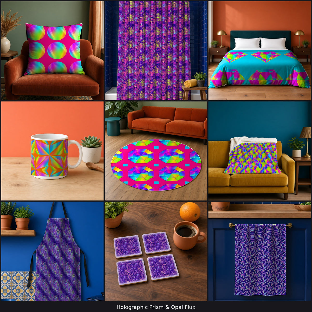 Variety collage of 9 patterns in different palettes on a cushion, shower curtain, duvet cover, mug, rug, blanket, apron, coaster and tea towel, example use of Holographic Prism & Opal Flux Seamless Pattern Prompt Pack